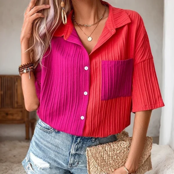 Y2K Style Contrast Color Splicing Blouses Sweet Turn Down Collar Single Breasted Pocket Short Sleeve Cardigan T-Shirts For Women - Image 2