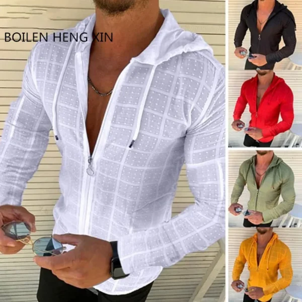 Men's long sleeve hoodie cotton polyester check sun-protective clothing sports persona insl outdoor beach fashion men's wear - Image 2