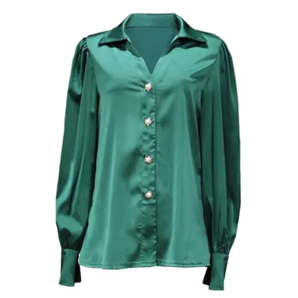 Streetwear Chic Lantern Sleeve Women's Shirt Fashion Chic Solid Color Turn-Down Collar V-neck Single-breasted Satin T-Shirts - Image 4