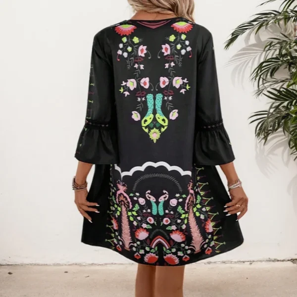 High Street Print Dresses Summer Vintage V-neck Hooked Flower Hollow Lace Panel V-neck Flare Sleeve Loose Dresses For Women - Image 2