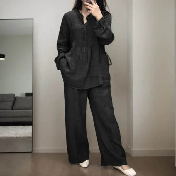Korean Leisure Solid Color Pants Sets For Women Fashion Versatile Long Sleeve Folds Buttons Half Placket T-Shirt Trousers Suit - Image 4