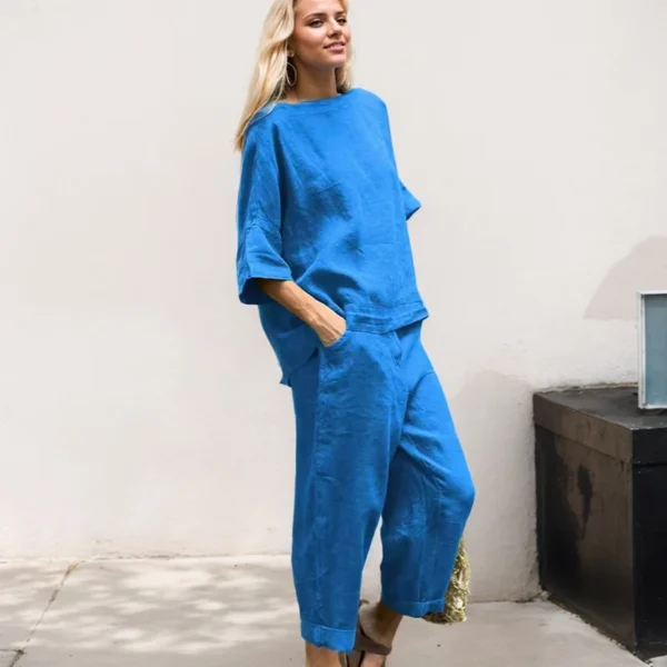 Casual Sport Clothes Two Piece Set For Women Fashion Cotton Linen Rround Neck Quarter Sleeves Pullover Tops Long Pants Suits - Image 5