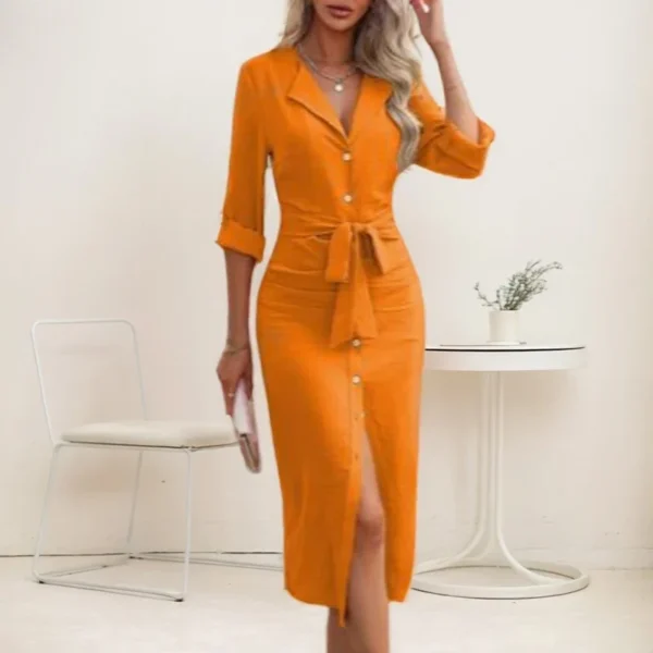 High Street Slit Hem Dress For Women Trend Solid Color Turn-down Collar V-neck Single-breasted Waist-closing Lace-up Dresses - Image 5