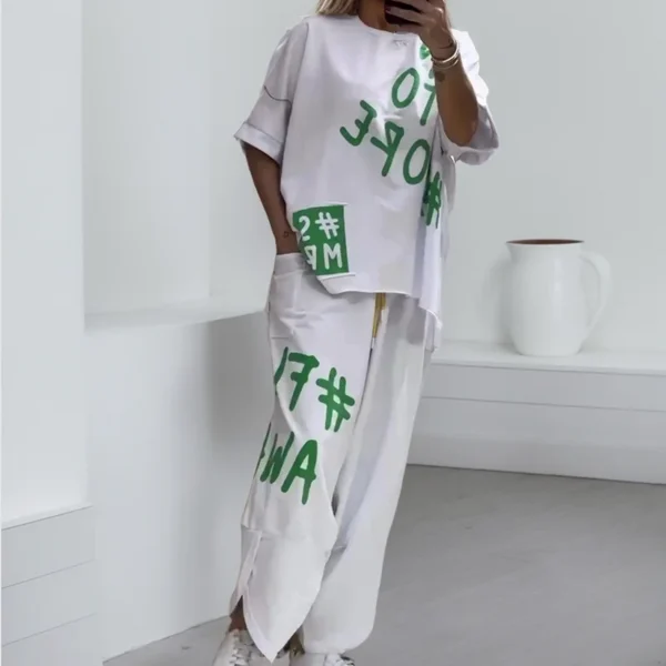Comfortable Women Outfit Two-piece Suit Summer New Fashion Women's Print O-neck Short Sleeve T-shirt Waist Ties Harem Pants Set - Image 5