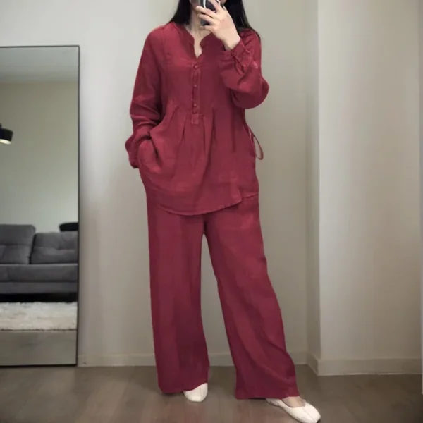Korean Leisure Solid Color Pants Sets For Women Fashion Versatile Long Sleeve Folds Buttons Half Placket T-Shirt Trousers Suit - Image 2