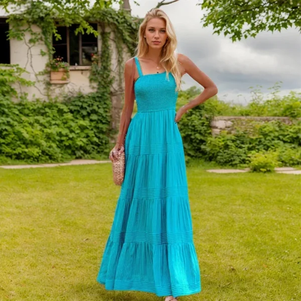 Korean Simple Long Dress High Street Square Collar Sleeveless Backless Stripe Splicing Zipper High Waist A-line Dress For Women - Image 5