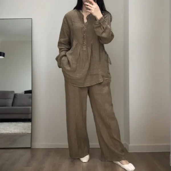 Korean Leisure Solid Color Pants Sets For Women Fashion Versatile Long Sleeve Folds Buttons Half Placket T-Shirt Trousers Suit - Image 3