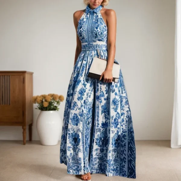 High Street Retro Blue Printed Women's Dress Fashion Floral Printed Turn-down Collar Sleeveless High Waist Slim Fit A-line Dress - Image 2