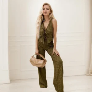 Elegant V Neck Lace Up Sleeveless Solid Color Slim Crop Vest Top And Drawstring High Waist Long Pants Two Piece Set For Women