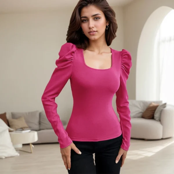 Korean Solid Color Knit T-Shirts Casual Splice Bubble Sleeve Slim Long Sleeve Knit Blouse High Street Sexy Square Collar Tops - Image 3