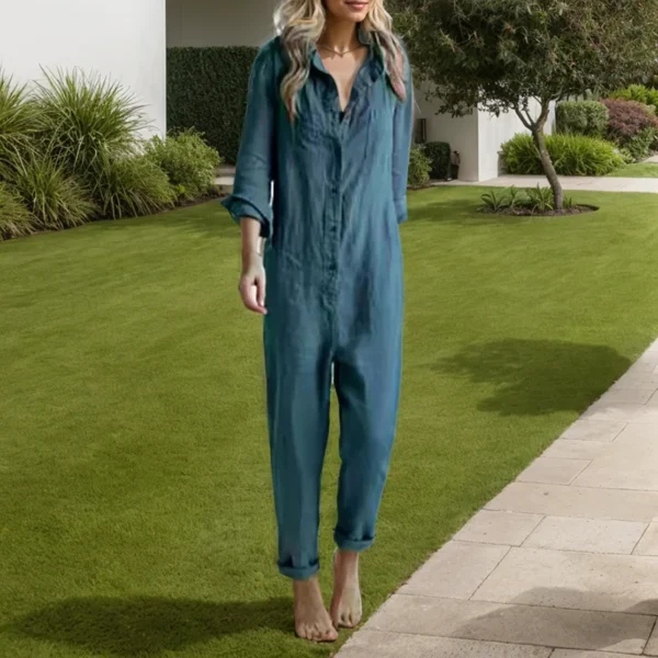 Casual Loose Solid Color Long Sleeve Cotton Jumpsuit Turn Down Collar Single Breasted Shirt Top Pencil Pant Elegant Jumpsuit - Image 3