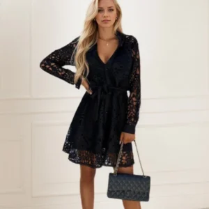High Street Hollow Out Mini Dress Sexy V Neck Solid Color Lace Embroidery Splice Hollow Out Long Sleeve Tight Waist Belt Dresses
