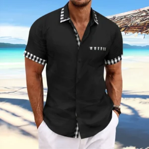 Summer new top Fashion slim retro cotton men's lapel Business casual dress shirt plaid collar short-sleeved shirt