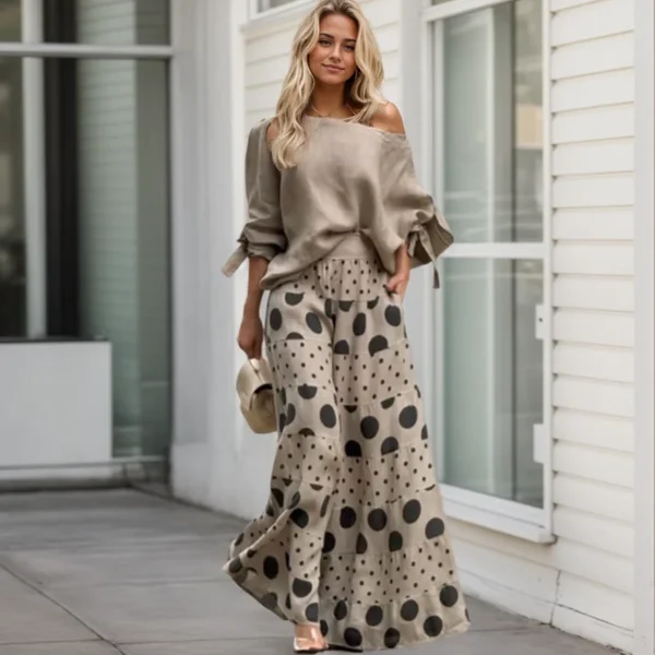 Casual Party Suit Female Summer Loose Polka Dot Printed Women Suits Fashion Slant Neck One Shoulder Bow Cuff Top Pants Sets - Image 5