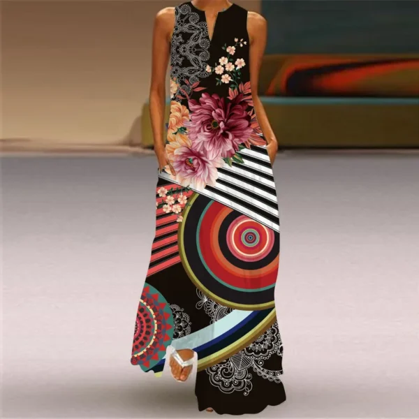 Fashion New Printed Women Dress Summer Vintage V-neck Sleeveless Loose A-Line Dress Elegant Casual Ladies Maxi Dresses Vestidos - Image 2