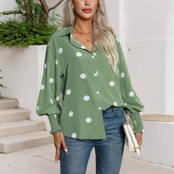 Korean Simple Light Green T-Shirts Fashion Elegant Ladies Office Turn Down Collar Lantern Sleeve Button Women Clothes Blouses - Image 2