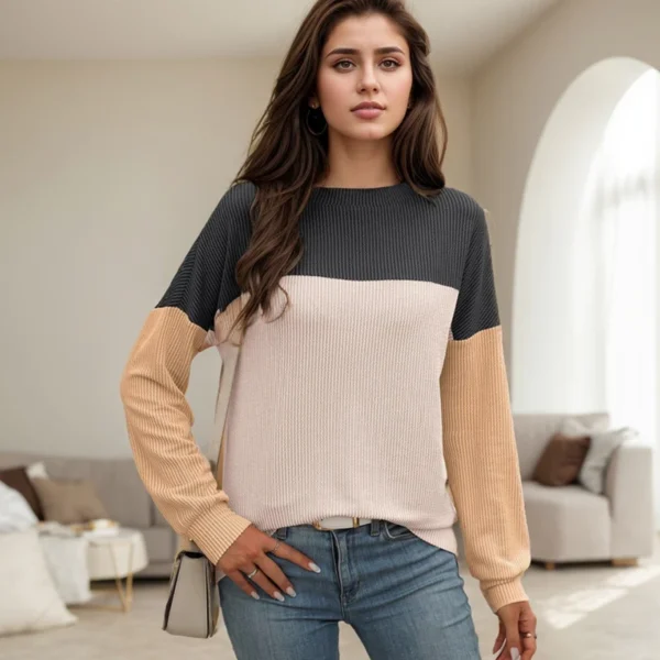 Spring Autumn Women's Tops Bohemia Stripped Knit Colorblock Round Neck Long Sleeve T-Shirt Loose Casual Daily Pullover Blouses - Image 5