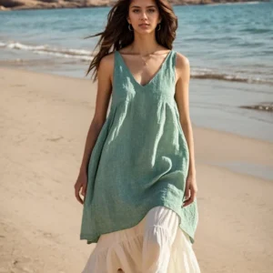 Office Lady Commuter Mid-length Skirt Elegant V-neck Sleeveless Linen Pollure Pleated Strap Pullover A-Line Dresses For Women