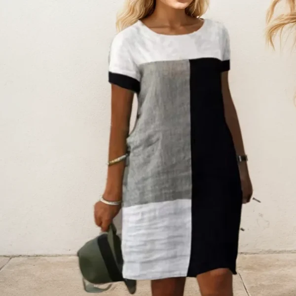 Casual Plaid Print Contrast Summer Beach Dress For Women O Neck Short Sleeve Straight Office Dresses Fashion Loose Female Dress - Image 2