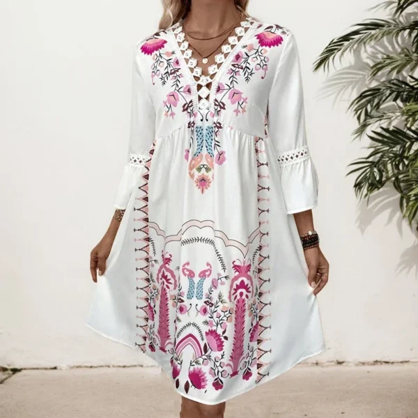 High Street Print Dresses Summer Vintage V-neck Hooked Flower Hollow Lace Panel V-neck Flare Sleeve Loose Dresses For Women - Image 5