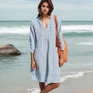 Summer Casual Dress For Women Fashion Trendy Solid Color V-neck Lace Up Three-quarter Sleeves Pocket Jacquard Cotton Linen Dress