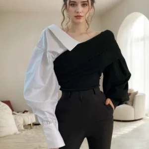 Elegant Sweet Women's Blouses Vintage Hit Color Knitted Patchwork Shirt Asymmetrical Neck Lantern Sleeves Slim Blouses Tees