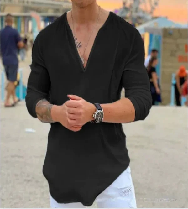 Summer men's T-shirt Solid color three-point sleeve V-neck casual shirt Loose fit Sweatshirt top Streetwear - Image 2