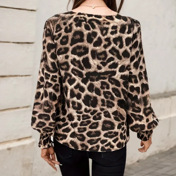 Vintage Leopard Print Tops For Women Fashion Commuting Casual Loose Lantern Sleeve Print V-neck Simple Fitting Slim Blouses - Image 4