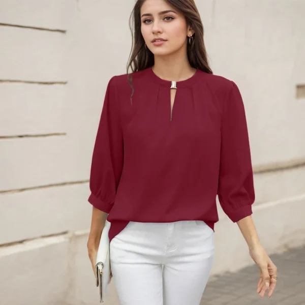 Office Lady Casual Loose Chiffon Shirt Spring Summer New Fashion V-neck Three-quarter Sleeve Solid Color Pullover Women's Blouse - Image 3