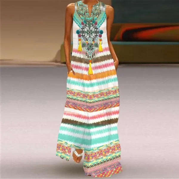 Retro Print V-neck Sleeveless Women Dress Causal Summer Fashion Long Dress Temperament Elegant Loose Straight Female Sundress - Image 6