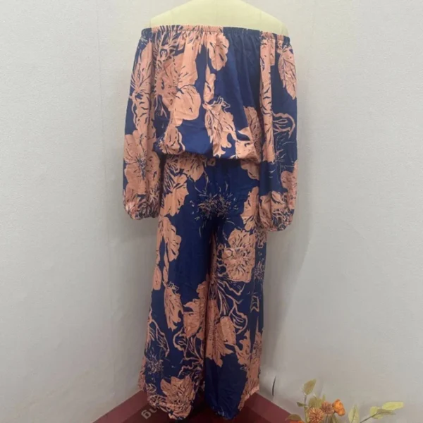 Elegant Floral Printed Two Piece Sets Sexy Off-The-Shoulder Lantern Sleeve Top And Elastic Waist Wide-Leg Pant Suit For Women - Image 2