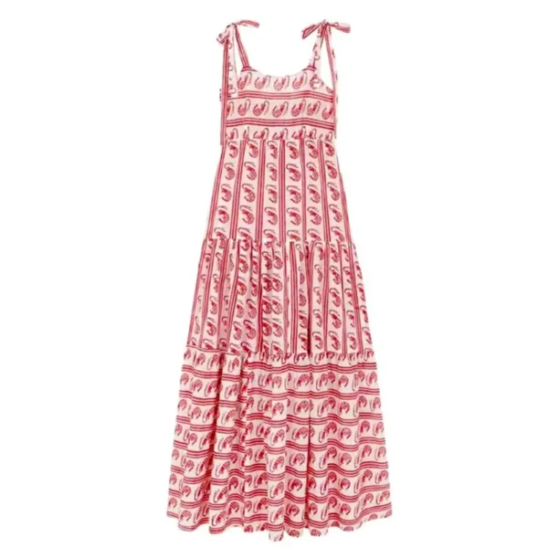 Summer Beach Style Long A-Line Dress Casual Sleeveless Print Stripe Contrast Color Square Leader Lace Up Sling Dresses For Women - Image 3