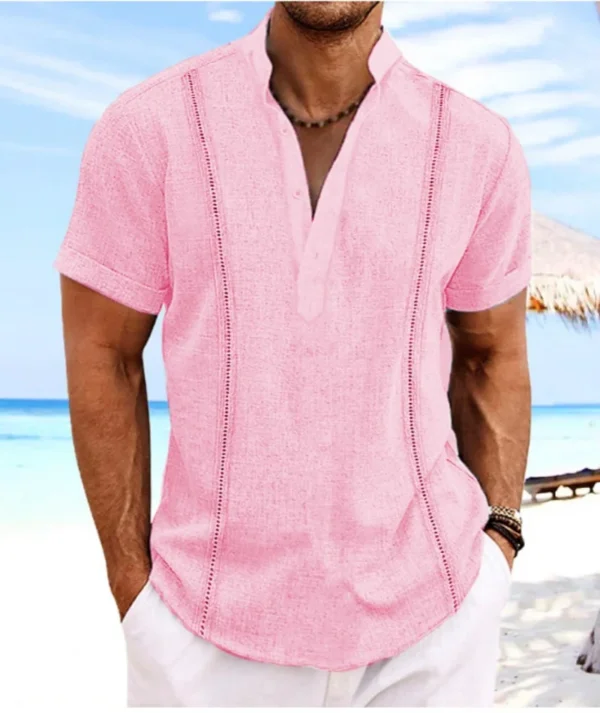 European and American fashion men loose short sleeve Henry collar solid color ancient style cotton linen shirt fashion top - Image 2