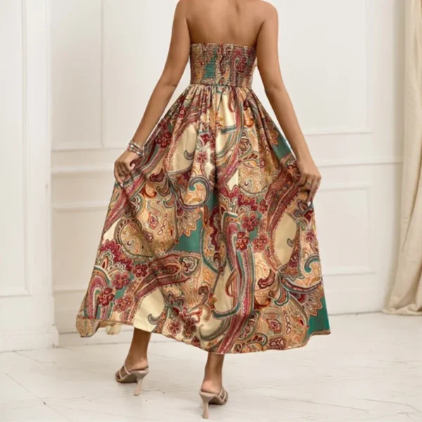 Beach Style Casual Strapless Long Dresses National Style Floral Print Sleeveless High Waist Elastic Strapless A-Line Dresses - Image 4