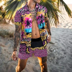 2024 new summer advanced sense independent station Amazon men's beach loose short sleeve shirt casual shorts set
