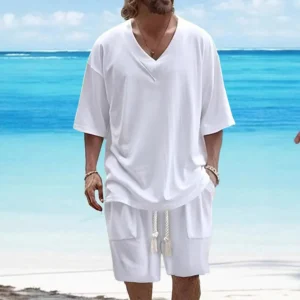 2025 spring summer Europe and the United States new high quality 100% cotton solid color beach leisure V-neck T-shirt short-slee