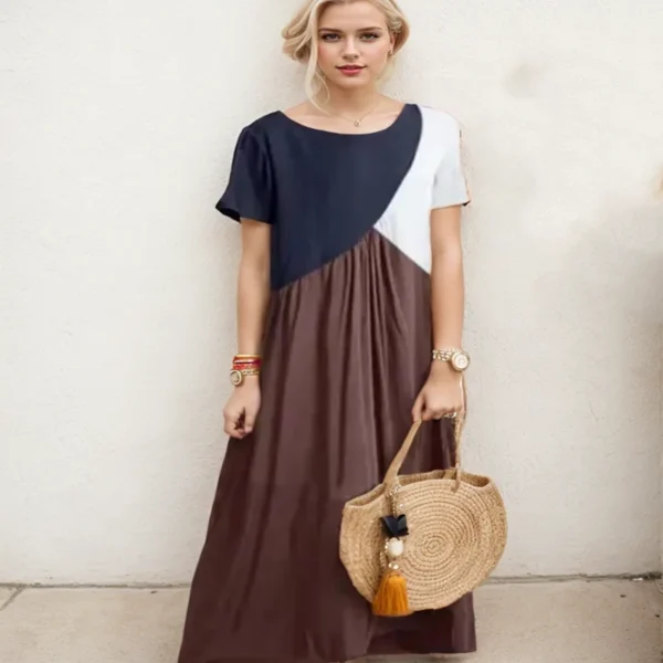 Fashion New Geometry Patchwork Women Dress Round Neck Daily Short Sleeve Long Dress Summer Causal Loose Higt Waist Beach Dress - Image 2