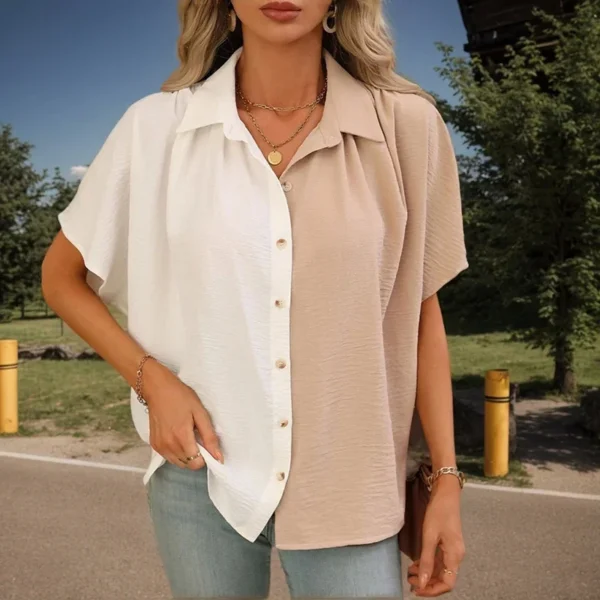 Beach Vacation Casual Blouses Elegant Contrast Color Patchwork Turn Down Collar Single-breasted Short Sleeve Shirt For Women - Image 3