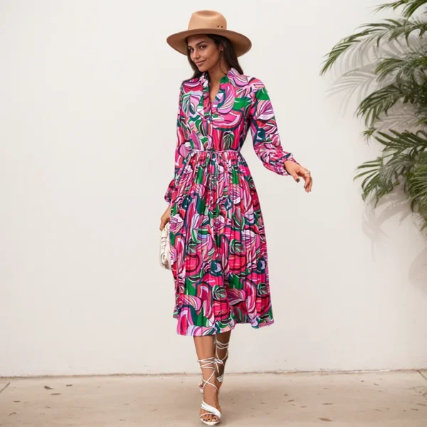 Beach Vacation Dress Women's Autumn New Casual Loose Leaf Printed Lace Up Waist Mid Length Long Sleeve Shirt Collar Dresses - Image 2