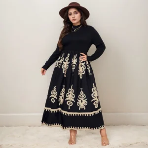 Korean Style Solid Color A-Line Dresses Vintage Half-high Collar Geometric Print Long Sleeved High-waisted Pullover Long Dresses