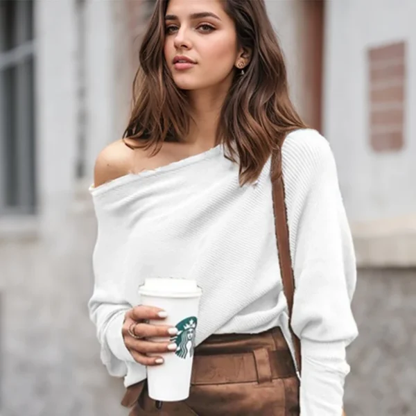 Sexy Off Shoulder Tops For Women Spring Autumn Loose Casual Solid Color Knitted Slash Neck Ribbed Dolman Sleeve Pullovers Blouse - Image 5