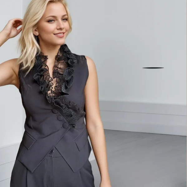 Solid Two Piece Set For Women Sexy V Neck Sleeveless Spliced Ruffles Short Top High Waist Straight Pant Sets Fashion Street Suit - Image 5