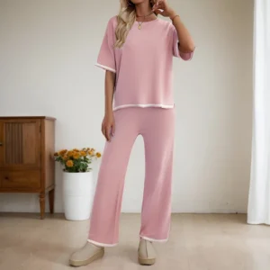 Korean Simple Solid Color Two Piece Sets For Women Casual Loose Slit Short Sleeve Tops High Waisted Wide Leg Trousers Suits
