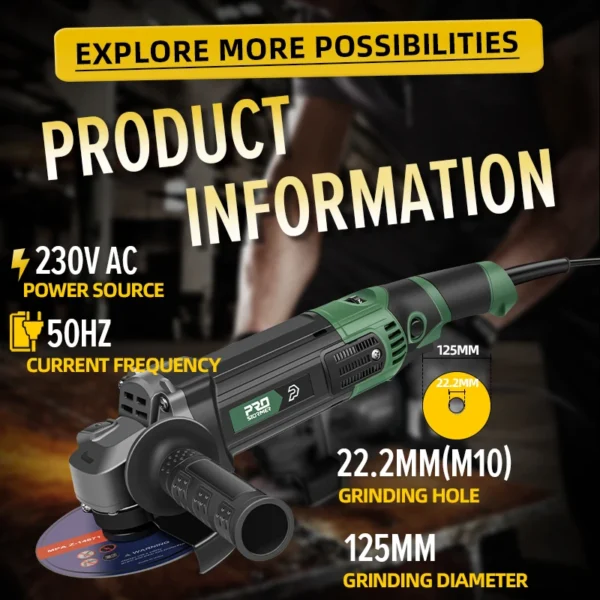 1250w Angle Grinder Variable Speed Angle Grinder 230v for Wood working Household Power Tools with Box By PROSTORMER - Image 2
