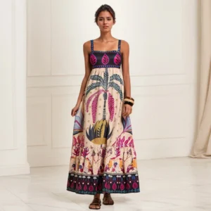 Beach Style Casual Strapless Long Dresses National Style Floral Print Sleeveless High Waist Elastic Strapless Sling Dresses