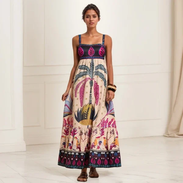 Beach Style Casual Strapless Long Dresses National Style Floral Print Sleeveless High Waist Elastic Strapless Sling Dresses