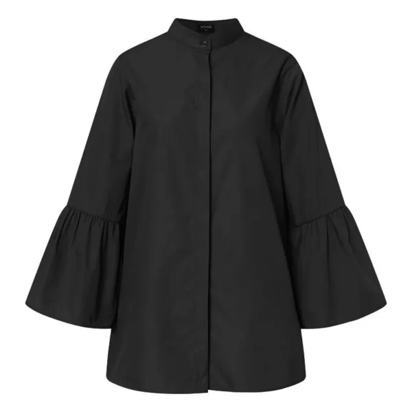 Temperament Office Solid Color Lapel Women Shirt Fashion Flare Long Sleeve Turn Down Collar V-Neck Single Breasted Elegant Shirt - Image 4