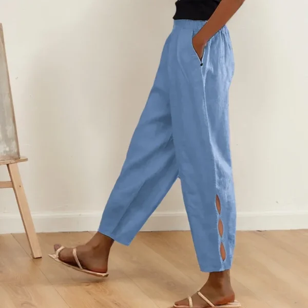 Elegant Solid Color Pants Office Commute Lady Cotton And Linen Pocket Button Decorate Trouser Legs Hollow Elastic Waist Trousers - Image 5