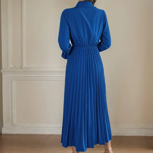 Spring Summer Long Dresses For Women Casual Solid Color Polo Collar Single-breasted Long Sleeved Waist Pleated A-LINE Dress - Image 4