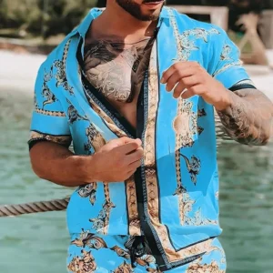 European and American men's beach suit seaside quick drying shirt comfortable loose color short-sleeved shorts
